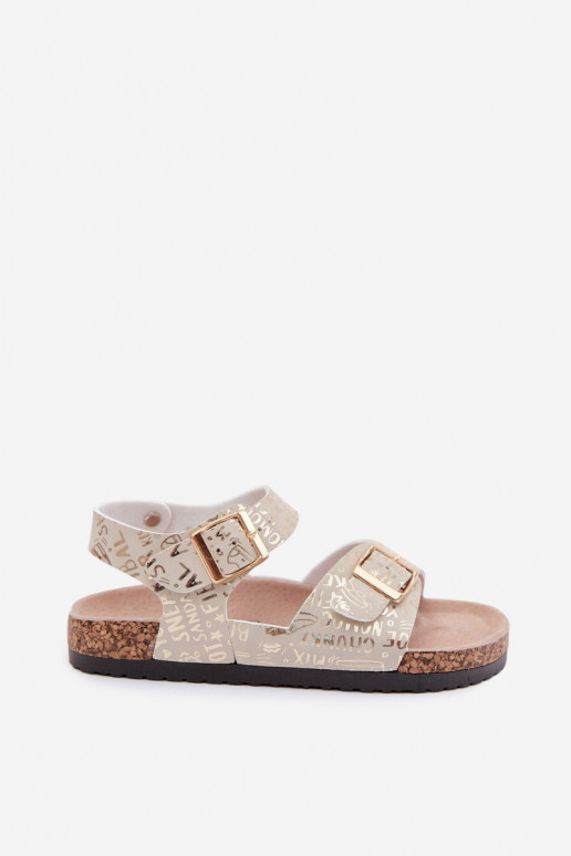 Goldene Kindersandalen mit Schnallen und Aufschriften Praline