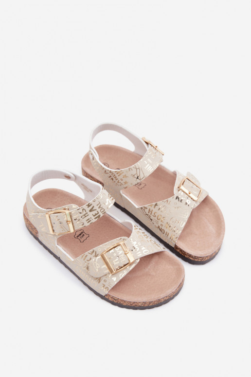 Goldene Kindersandalen mit Schnallen und Aufschriften Praline