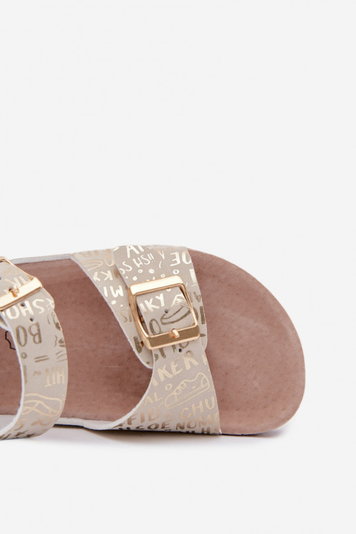 Goldene Kindersandalen mit Schnallen und Aufschriften Praline