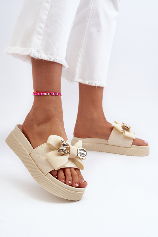 Beige Damenhausschuhe mit Schleifen und Teddybären Katterina
