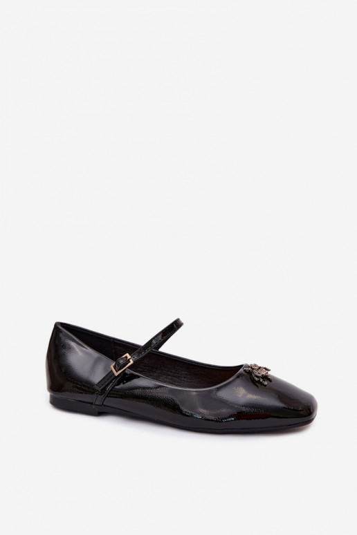 Schwarze lackierte Ballerinas mit Riemen und Schnalle aus Kunstleder Pinea