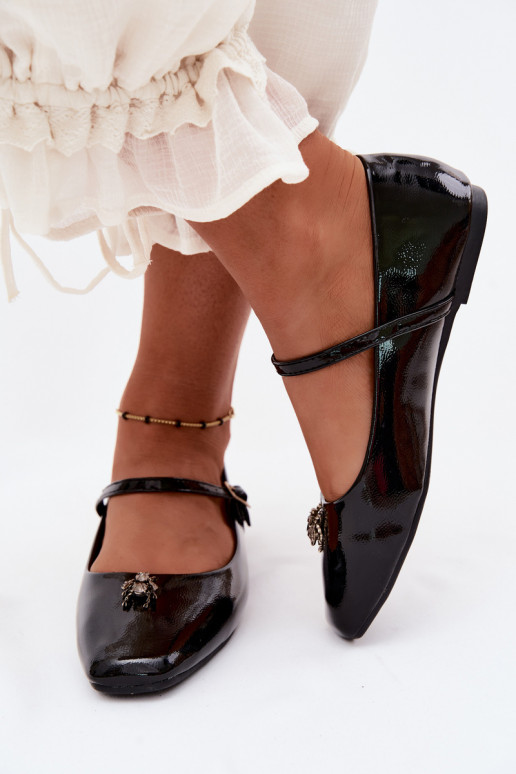 Schwarze lackierte Ballerinas mit Riemen und Schnalle aus Kunstleder Pinea