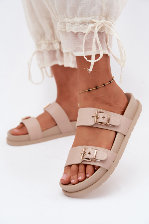 Damen Sandfarbene Slipper mit goldenen Schnallen Vilja