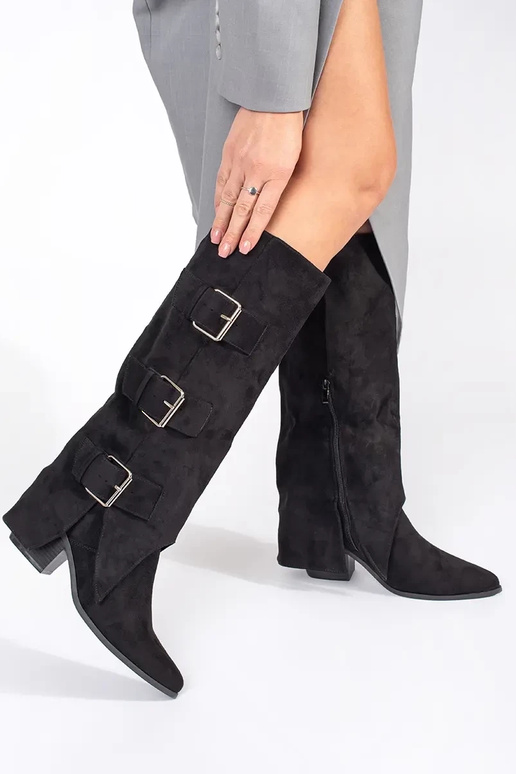 Schwarze Kunstveloursleder Stiefel mit Schnallen
