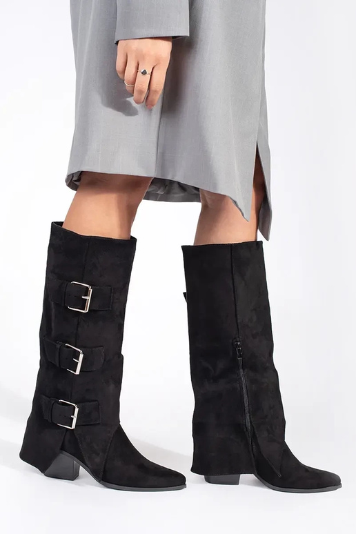 Schwarze Kunstveloursleder Stiefel mit Schnallen