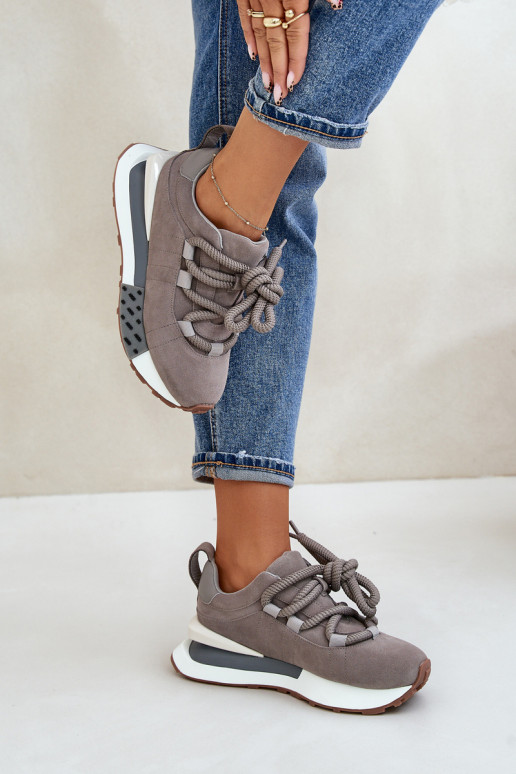 Graue Kunstveloursleder Sneakers mit Plattform und dicken Schnürsenkeln Artiker 54C1463