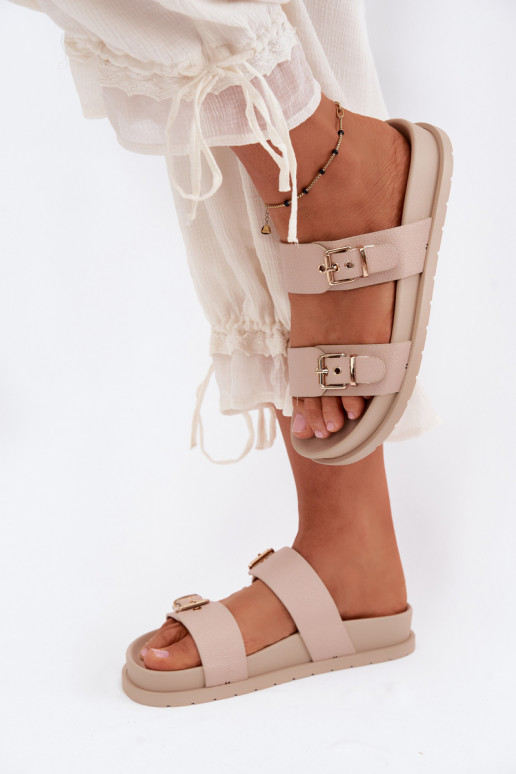 Damen Sandfarbene Slipper mit goldenen Schnallen Vilja