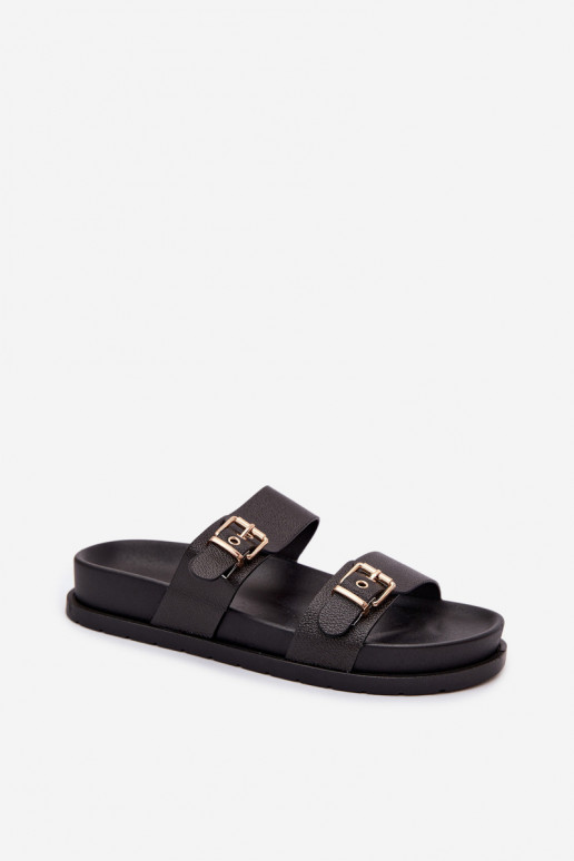 Damen schwarze Slipper mit goldenen Schnallen Vilja
