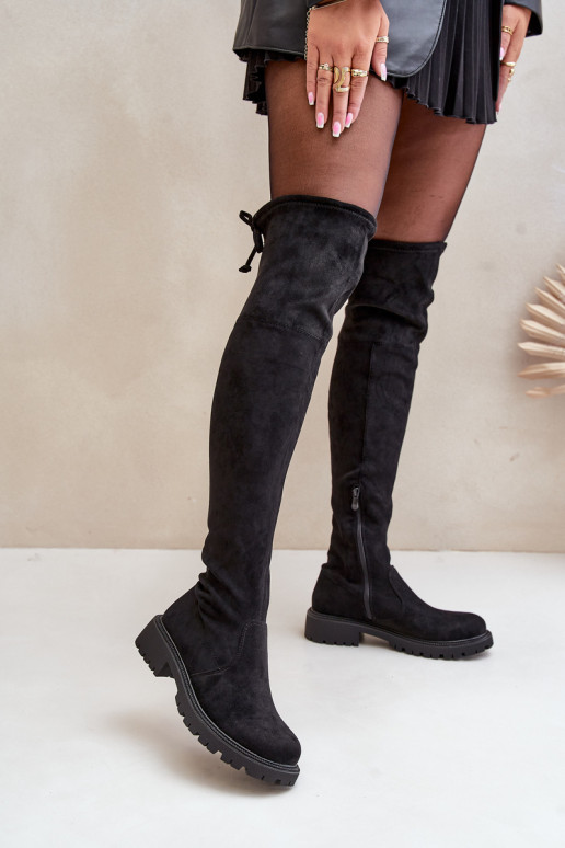 Schwarze Overknee-Stiefel mit breiten Absätzen aus Kunstveloursleder Arkelia