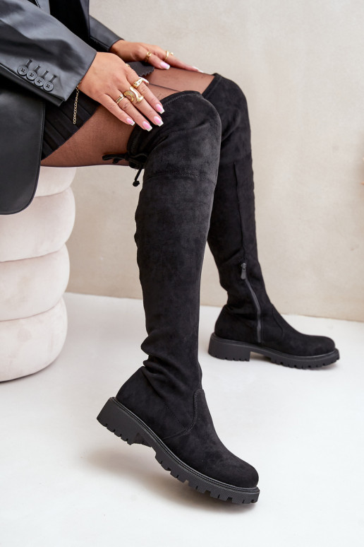 Schwarze Overknee-Stiefel mit breiten Absätzen aus Kunstveloursleder Arkelia