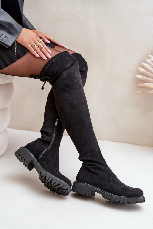 Schwarze Overknee-Stiefel mit breiten Absätzen aus Kunstveloursleder Arkelia