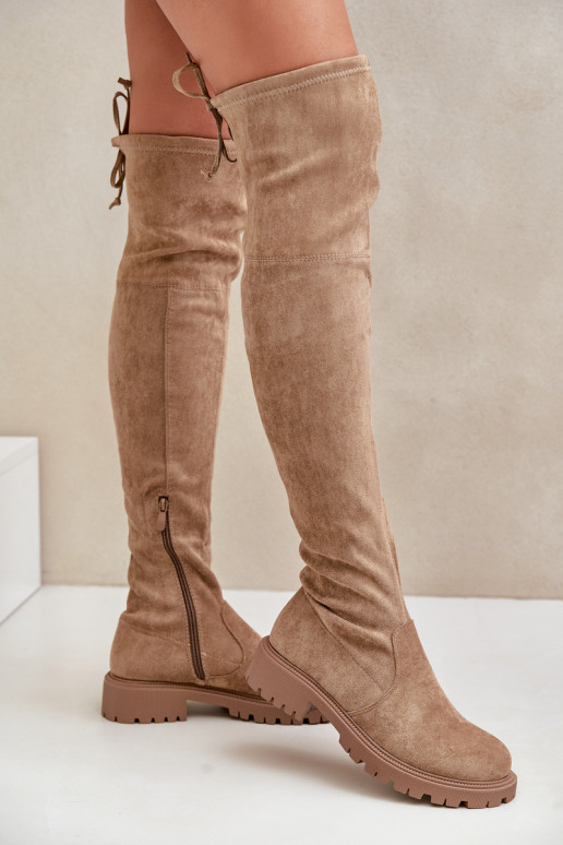 Beige Overknee-Stiefel mit breiten Absätzen aus Kunstveloursleder Arkelia
