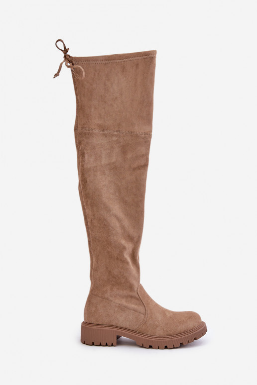 Beige Overknee-Stiefel mit breiten Absätzen aus Kunstveloursleder Arkelia