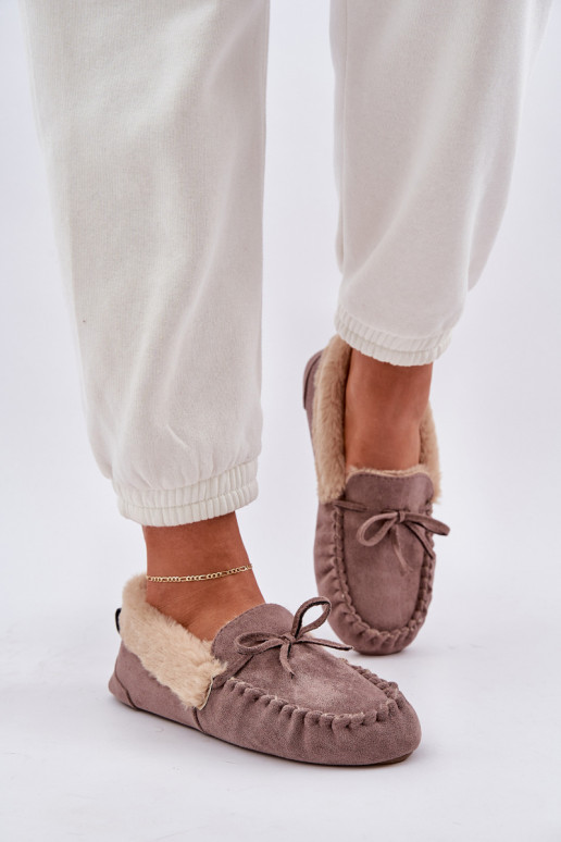 Beige Damen Mokassinslipper mit Fell Kleogoria