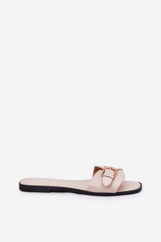 Flache Damen-Pantoletten mit goldenen Schnallen in sand Esiobb
