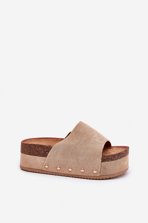 Damen-Pantoletten auf Plattform aus khaki Kunstveloursleder Vinnibe