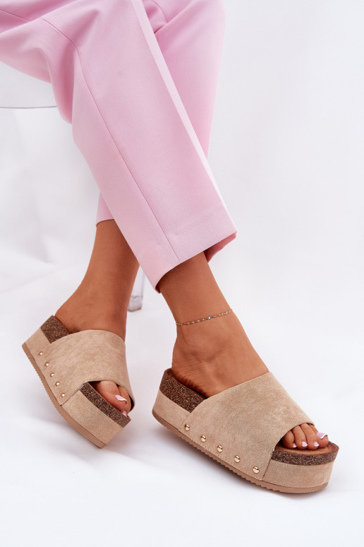 Damen-Pantoletten auf Plattform aus khaki Kunstveloursleder Vinnibe