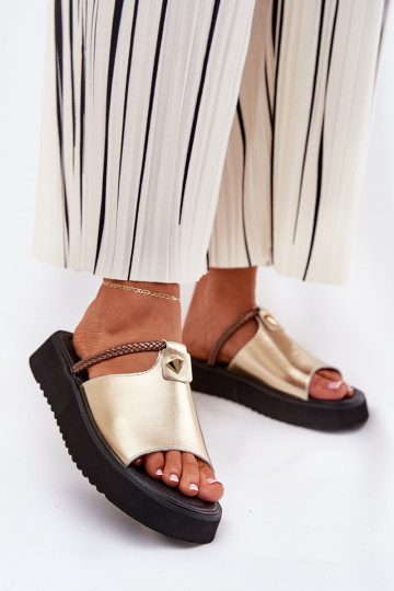 Lederpantoffeln für Damen mit Plattform und verzierten Absätzen in Gold D&A MK51-475