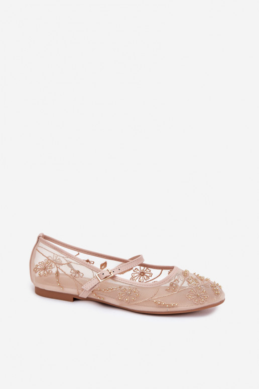 Netz-Ballerinas mit Stickerei und Verzierungen in Sandfarbe Tillilora