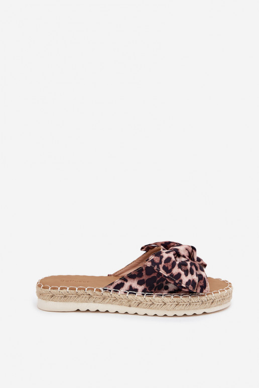 Damen-Platformsandalen mit Geflecht und Schleife im Leopardenmuster in Sandfarbe Alpireda
