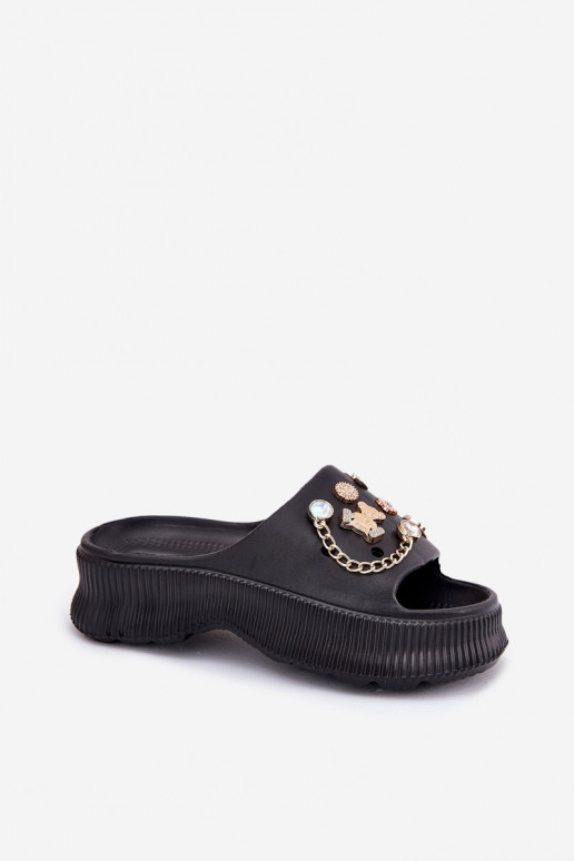 Leichte Damen-Slipper mit goldenen Details und Clips in schwarz Hortiana