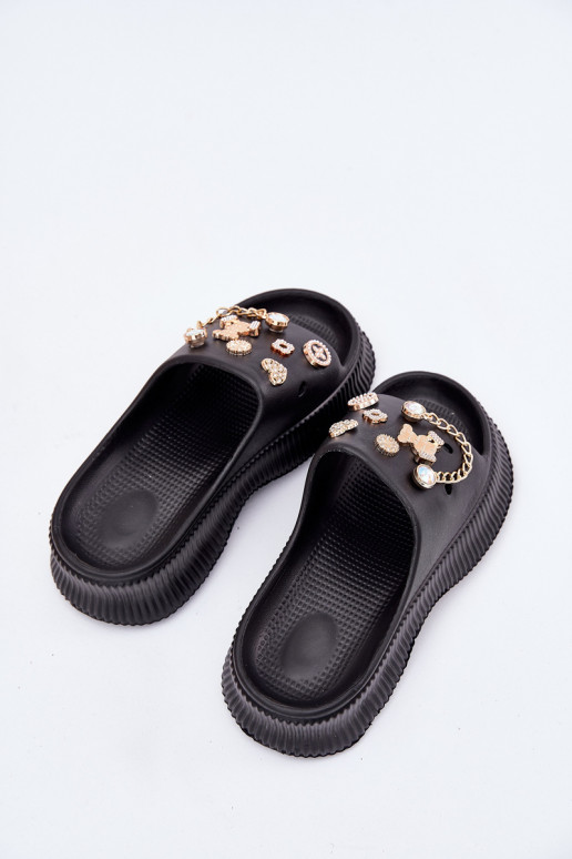 Leichte Damen-Slipper mit goldenen Details und Clips in schwarz Hortiana