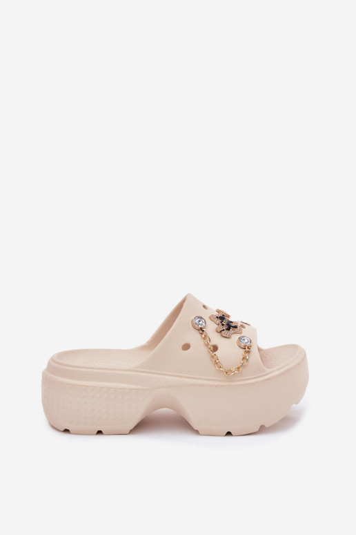Leichte Damen-Platformsandalen mit goldenen Details und Clips in Sandfarbe Ivoriel
