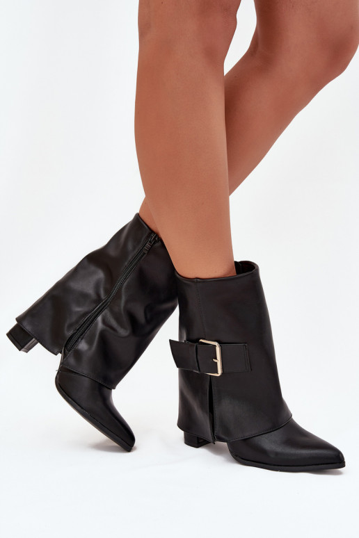Wärmende Stiefeletten mit Absatz und goldener Schnalle in Schwarz Ylenara
