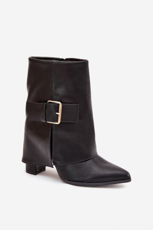 Wärmende Stiefeletten mit Absatz und goldener Schnalle in Schwarz Ylenara