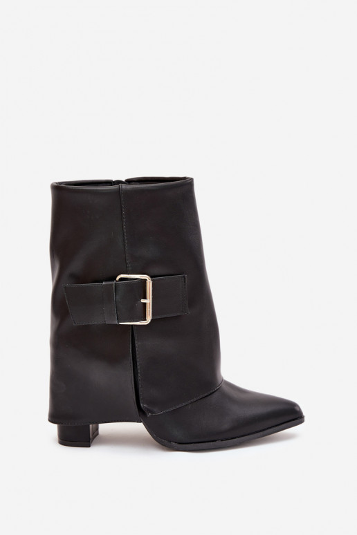 Wärmende Stiefeletten mit Absatz und goldener Schnalle in Schwarz Ylenara