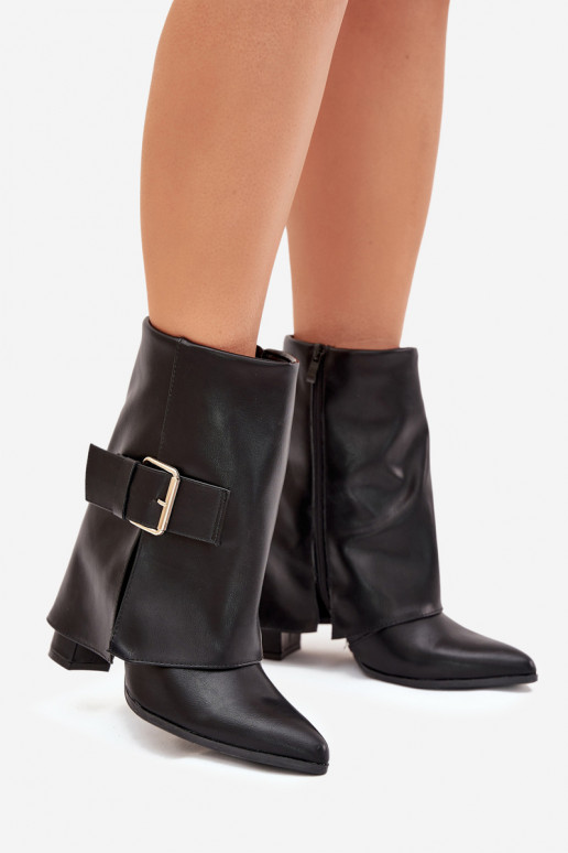 Wärmende Stiefeletten mit Absatz und goldener Schnalle in Schwarz Ylenara