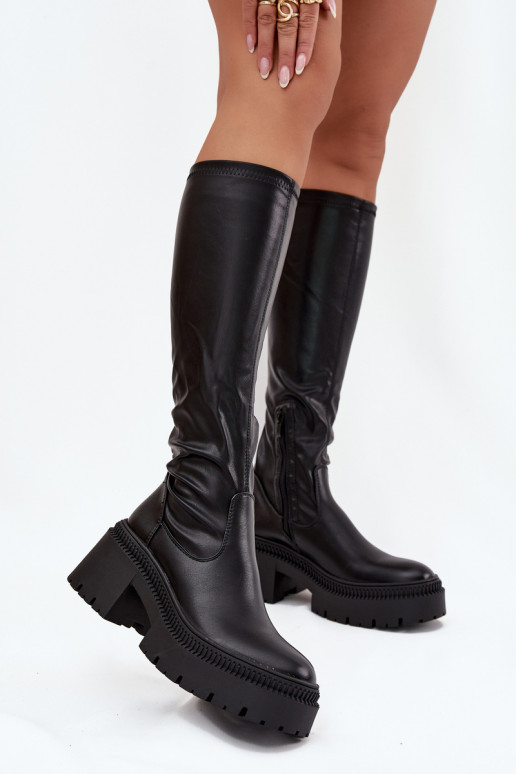 Damen-Stiefel bis zum Knie auf klobigen Absätzen und Plattform, zum Hineinschlüpfen, schwarz Florinne