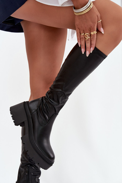 Damen-Stiefel bis zum Knie auf klobigen Absätzen und Plattform, zum Hineinschlüpfen, schwarz Florinne