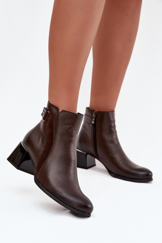 Lederne, wärmende Damen-Stiefeletten mit Absätzen, schokoladenfarben Zazoo 60563