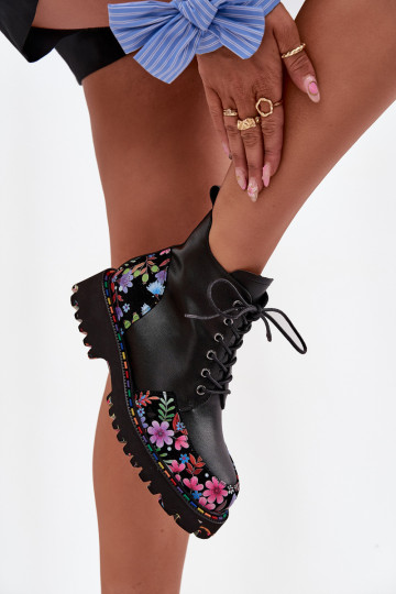 Schwarze Leder-Damen-Stiefeletten mit Blumen, wärmend Artiker 57C0180