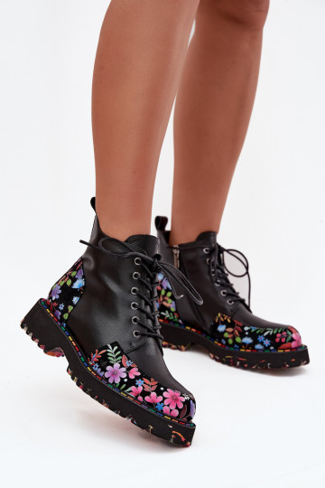 Schwarze Leder-Damen-Stiefeletten mit Blumen, wärmend Artiker 57C0180 2