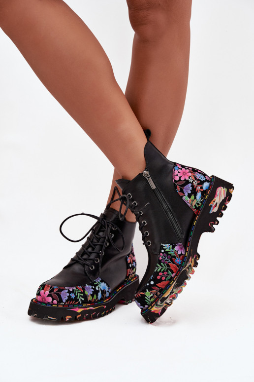 Schwarze Leder-Damen-Stiefeletten mit Blumen, wärmend Artiker 57C0180