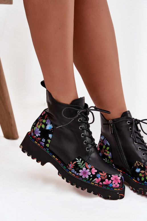 Schwarze Leder-Damen-Stiefeletten mit Blumen, wärmend Artiker 57C0180