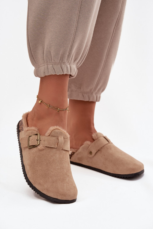 Beige warme Damen-Clogs mit Fell innen und Schnallen Sylisse