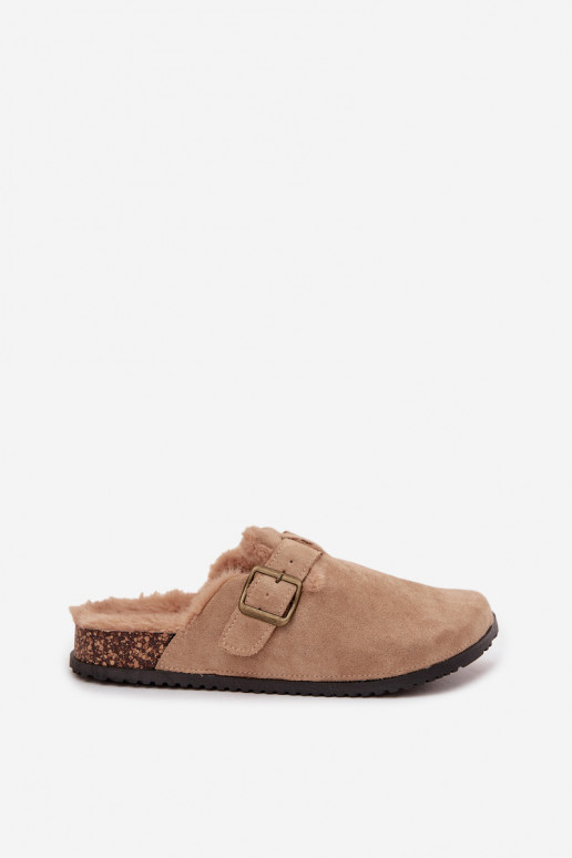 Beige warme Damen-Clogs mit Fell innen und Schnallen Sylisse