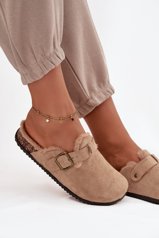 Beige warme Damen-Clogs mit Fell innen und Schnallen Sylisse