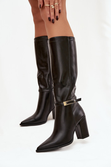 Schwarze isolierte Damenstiefel über dem Knie mit Absätzen und Schnallen Cirella 2
