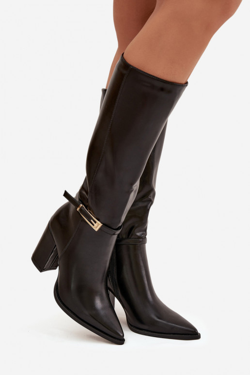 Schwarze isolierte Damenstiefel über dem Knie mit Absätzen und Schnallen Cirella