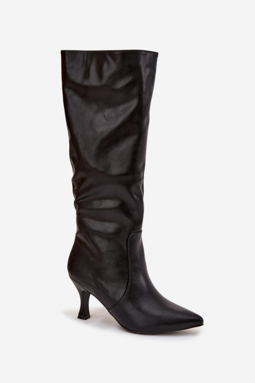 Schwarze Damenstiefel über dem Knie mit schmalen Absätzen aus Kunstleder Karella