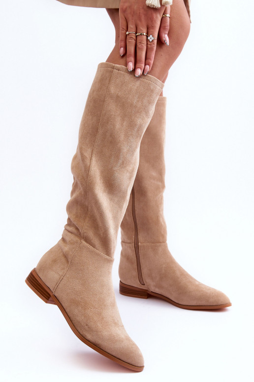 Wildleder-Stiefel bis zum Knie mit breiten Absätzen in Sand Eelin