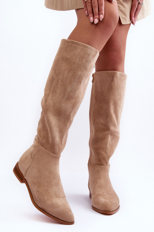 Wildleder-Stiefel bis zum Knie mit breiten Absätzen in Sand Eelin