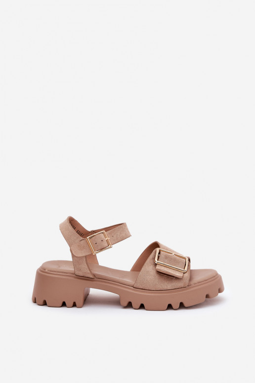 Damen Sandalen aus Kunstveloursleder mit Schnallen in Sand Gofielle