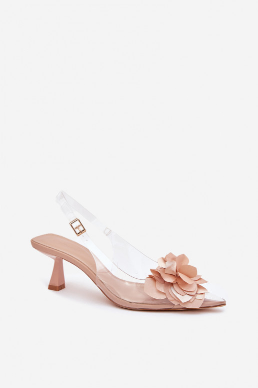 Nude transparente Sandalen mit dünnen Absätzen und dekorativen Blumen Risalie