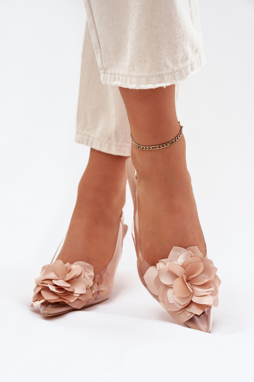 Nude transparente Sandalen mit dünnen Absätzen und dekorativen Blumen Risalie