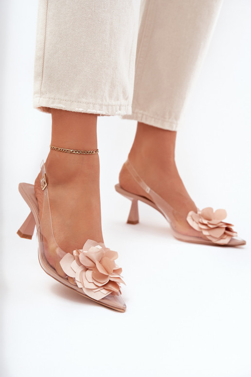 Nude transparente Sandalen mit dünnen Absätzen und dekorativen Blumen Risalie